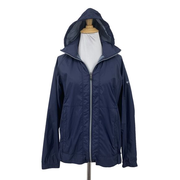 Columbia Hooded Rain Jacket Womens XS Extra Small Navy Vented Nylon Arcadia II - Picture 1 of 14